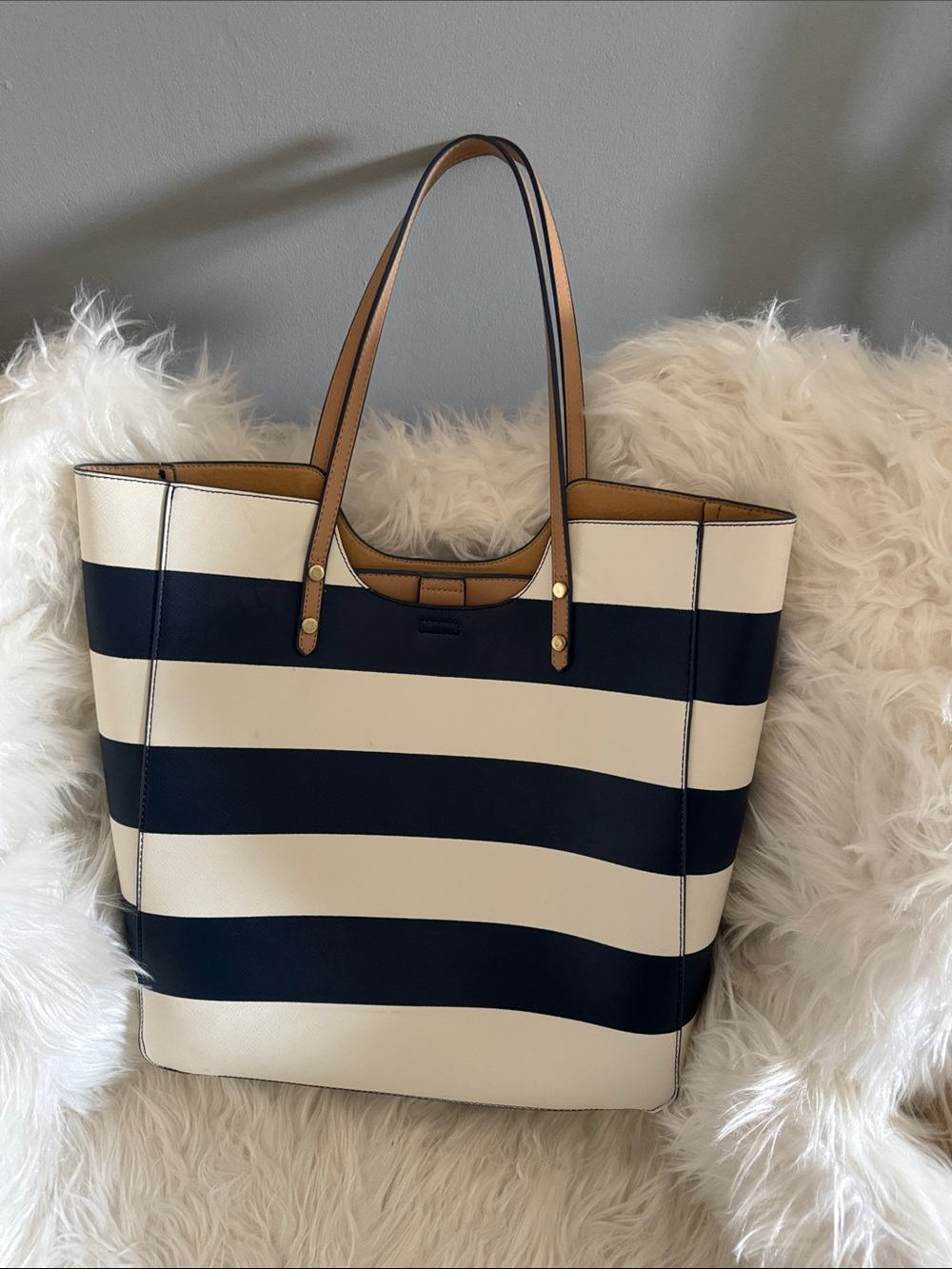 Madison West Navy and Cream Striped Tote with Tan Handles